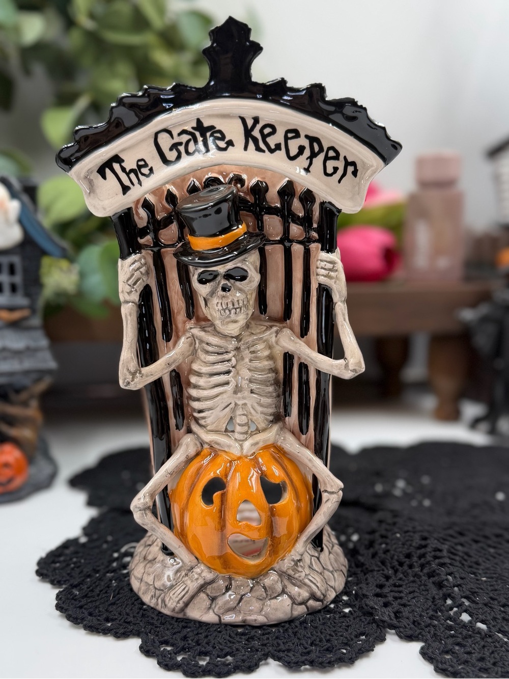 blue sky clayworks the gate keeper skeleton halloween tealight candle holder